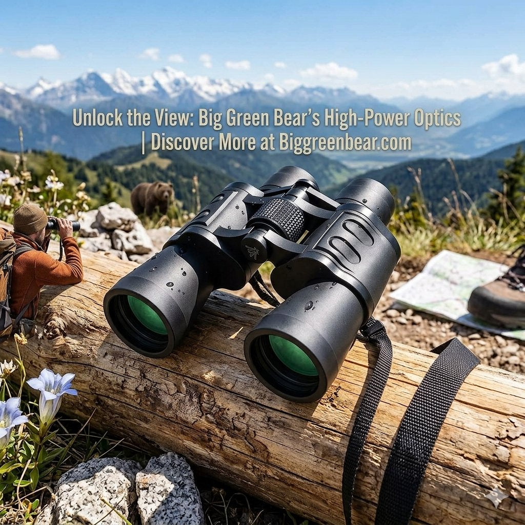 Black binoculars with green lenses resting on a log in a mountain outdoor setting, with a visible strap and a promotional text overlay for Big Green Bear high-power optics.