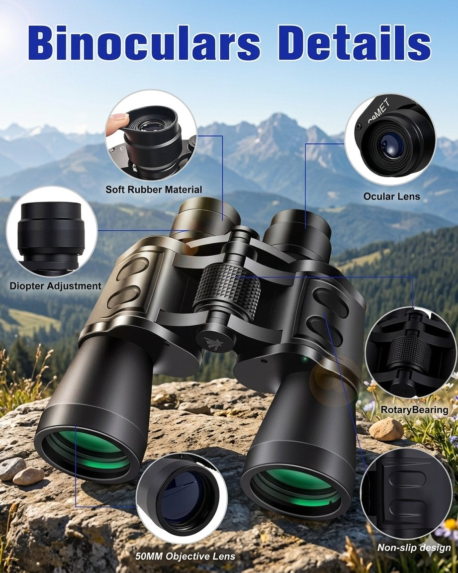 Black binoculars shown with multiple callout circles and text labels explaining features such as soft rubber material, ocular lens, dipter adjustment, rotary bearing, 50mm objective lens, and non-slip design, over a mountain landscape background.