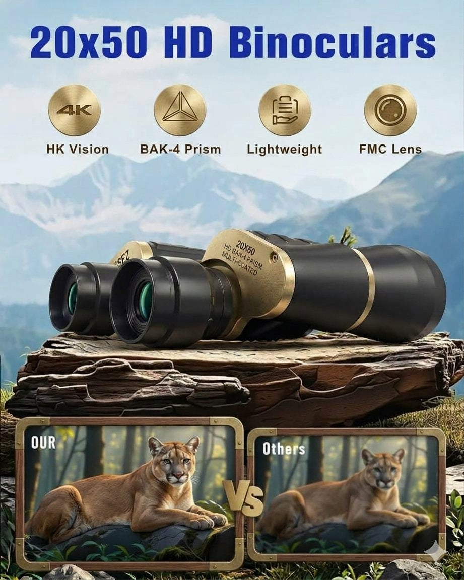 Black and gold 20x50 HD binoculars displayed on a log with a mountain backdrop, featuring feature icons and a comparison image of a lion at the bottom.
