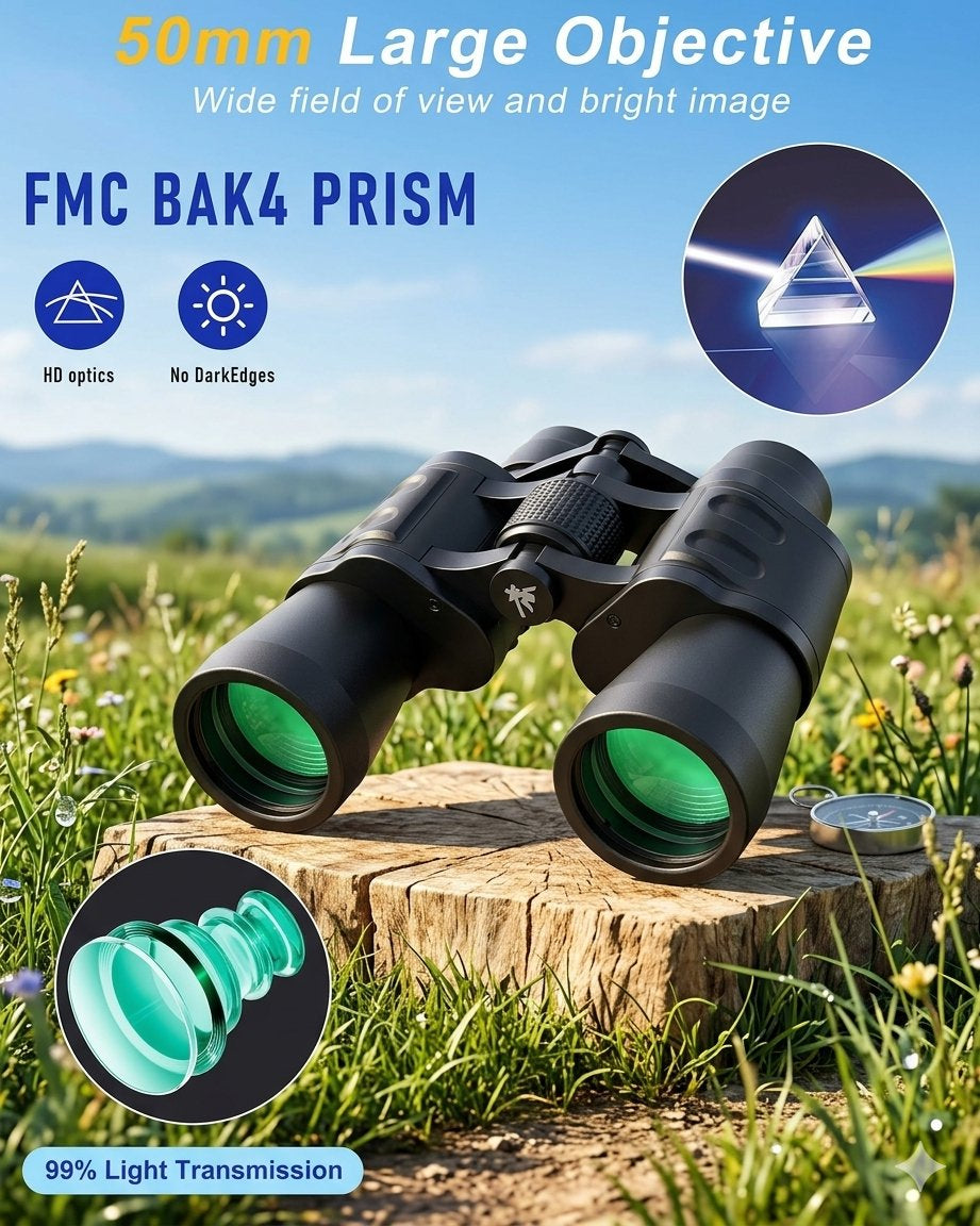 Black binoculars with green-tinted lenses displayed on a tree stump in an outdoor grassy field, with promotional text and circular inset graphics highlighting 50mm large objective, FMC BAK4 prism, HD optics, no dark edges, and 99% light transmission.