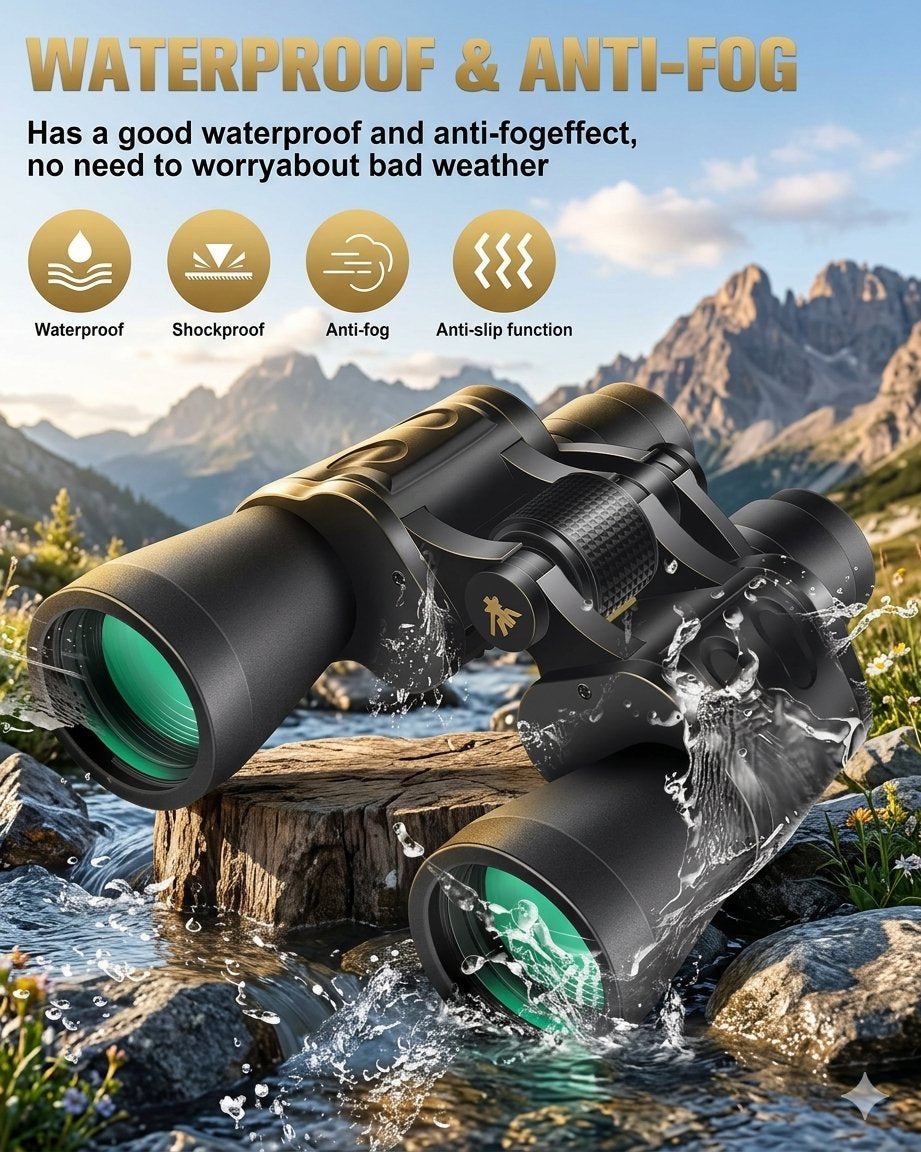 Black binoculars with green-tinted lenses shown outdoors in a mountain stream, with text and icons advertising waterproof and anti-fog performance.