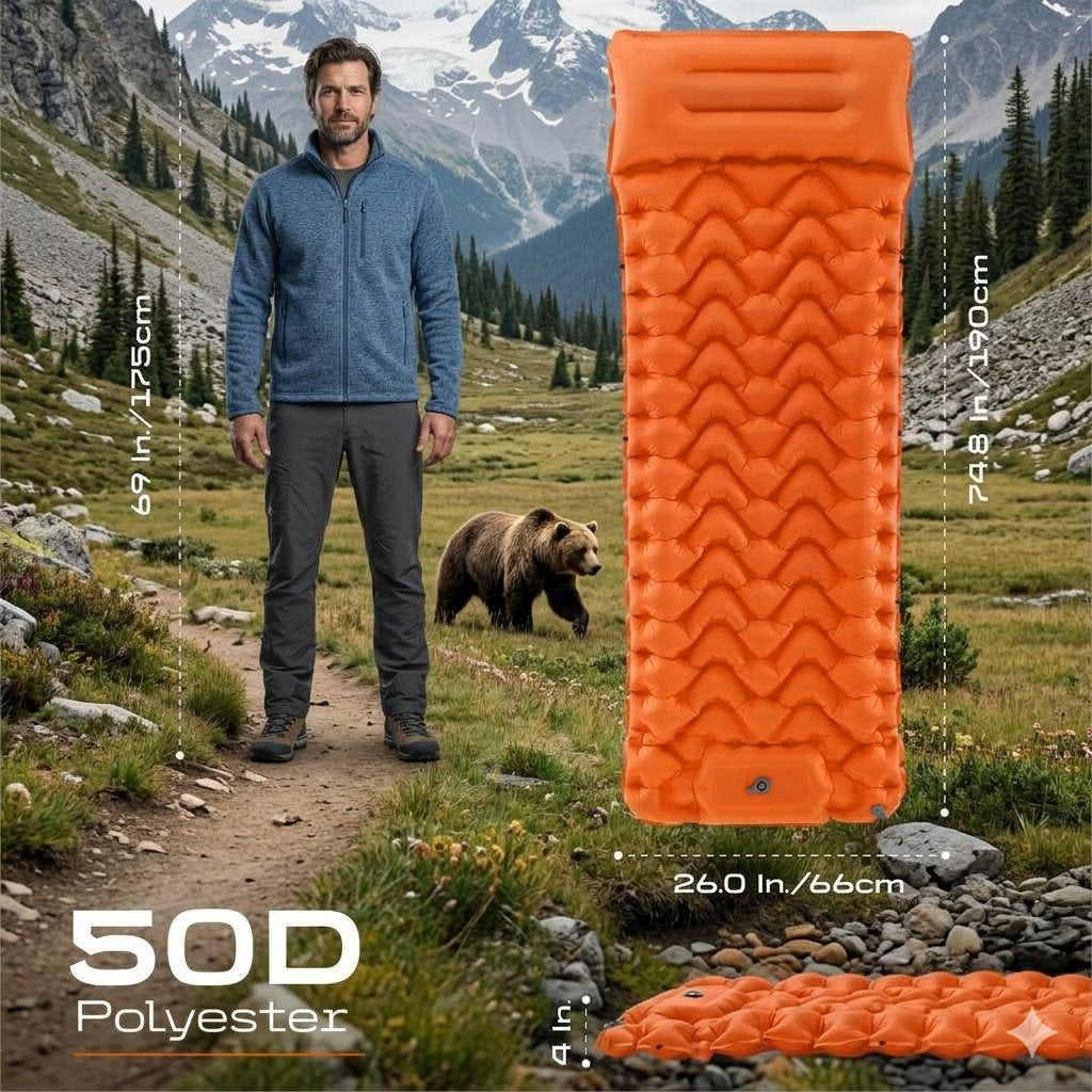 An outdoor mountain scene with a man standing on a trail and a bear in the background, alongside an orange inflatable sleeping pad shown with dimension callouts and the text '50D Polyester'.