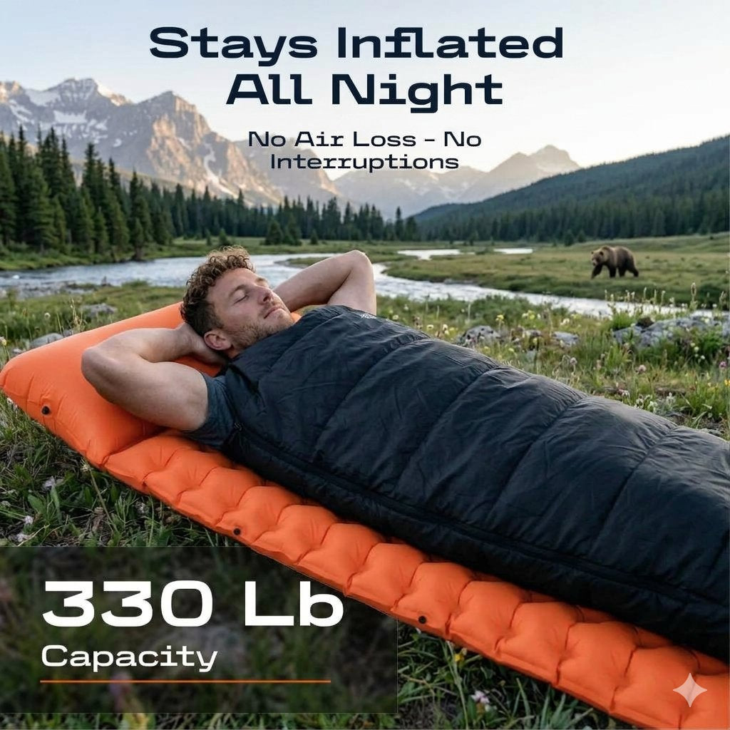 A man lies on an orange sleeping pad with a black sleeping bag in an outdoor mountain meadow near a river. Text overlays read 'Stays Inflated All Night', 'No Air Loss - No Interruptions', and '330 Lb Capacity'.
