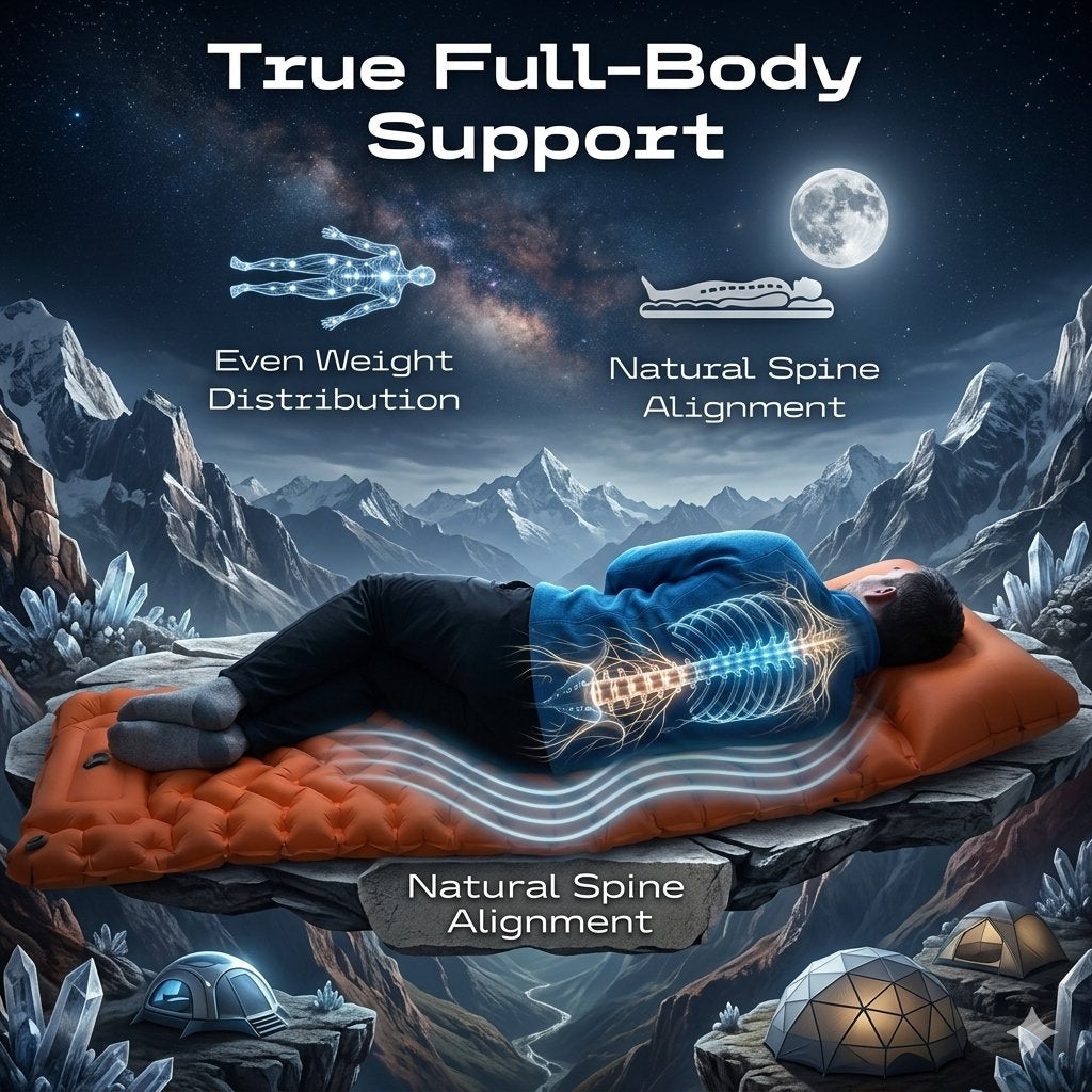 An orange camping sleeping pad shown on a rocky mountain ledge with a person lying on it, overlaid with glowing spine and body support graphics and the text 'True Full-Body Support,' 'Even Weight Distribution,' and 'Natural Spine Alignment.' The scene is a dramatic sci-fi mountain landscape under a moonlit sky.