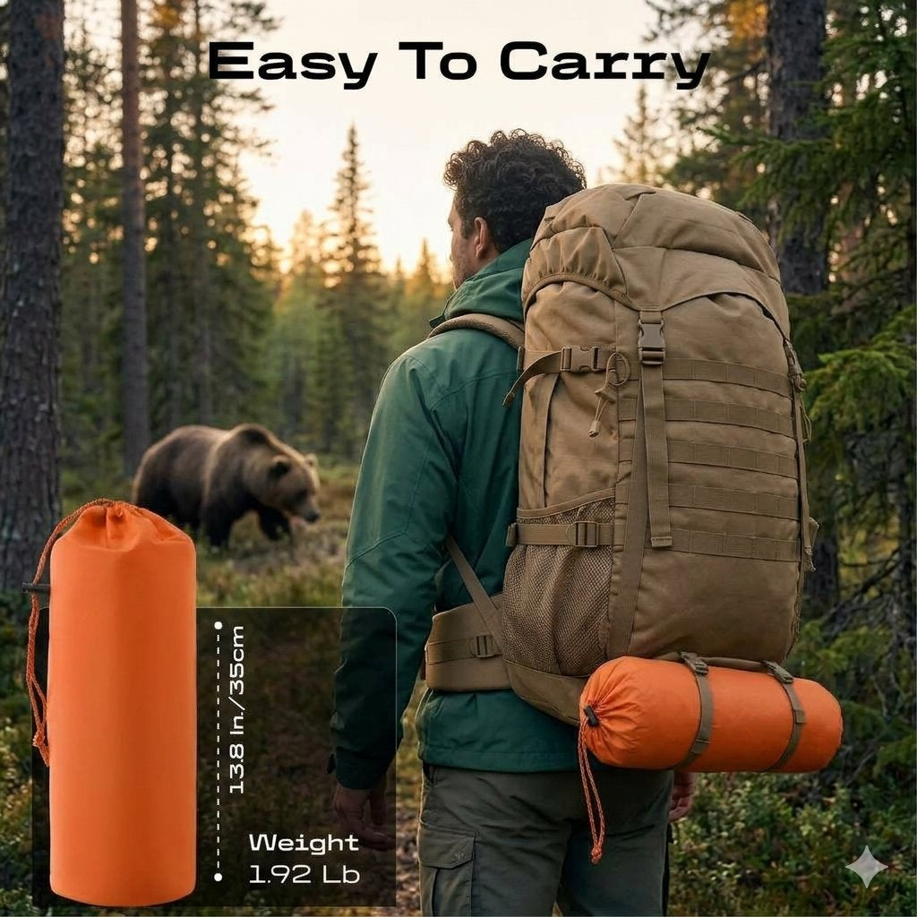 A man wearing a large tan hiking backpack stands in a forest with a bear in the background. The backpack has an orange sleeping bag attached to the side and a matching orange stuff sack.