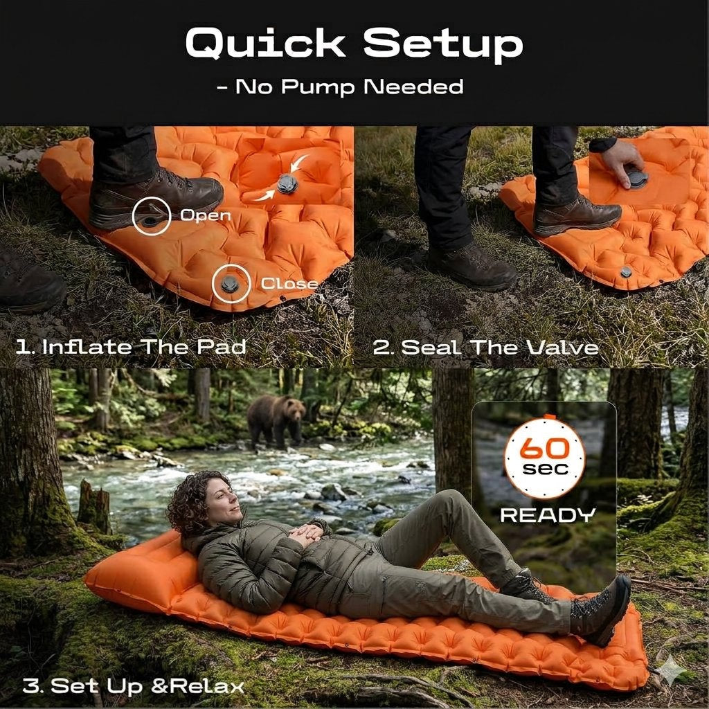 A multi-panel instructional graphic showing how to quickly set up an orange inflatable camping sleeping pad. The top panel has a black background with the text 'Quick Setup - No Pump Needed'.
