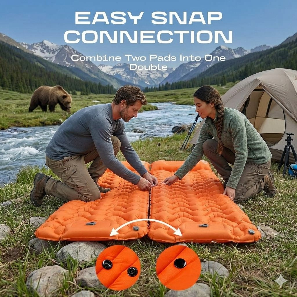 Two people outdoors by a stream in a mountain camping setting demonstrate snapping two orange camping pads together into one double pad. Large text at the top reads 'EASY SNAP CONNECTION' with a circular inset showing the connection detail.