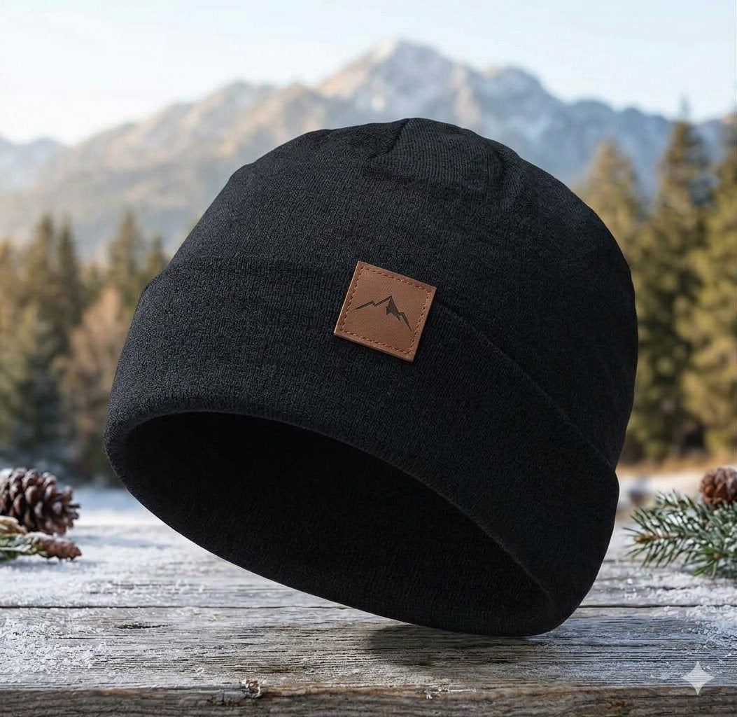 A black knit beanie hat with a brown rectangular patch featuring a mountain logo, displayed on a rustic wooden surface with a blurred mountain and forest background. big green bear biggreenbear.com