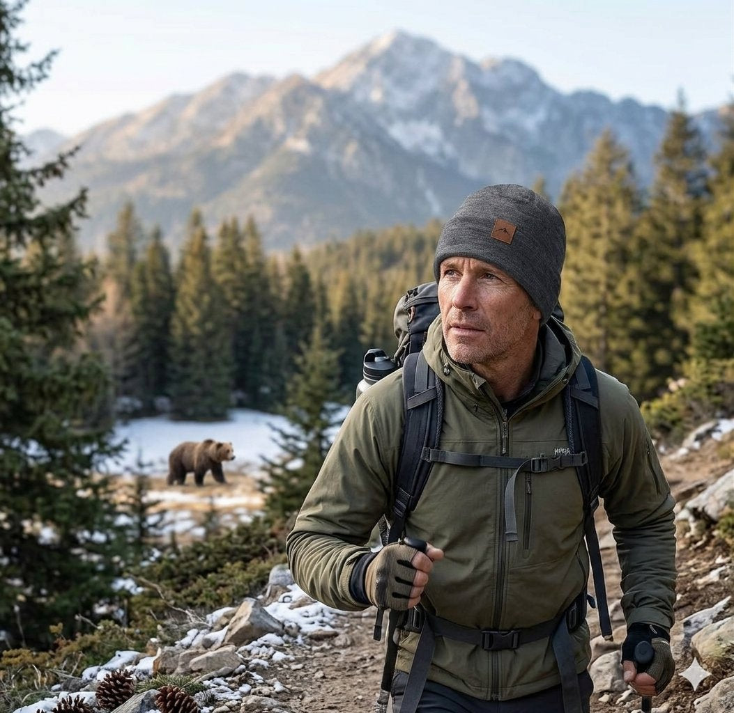A man hiking in a mountainous forest wearing an olive green jacket, a dark gray beanie with a small brown logo patch, and a large backpack, with a brown bear visible in the snowy trees in the background.