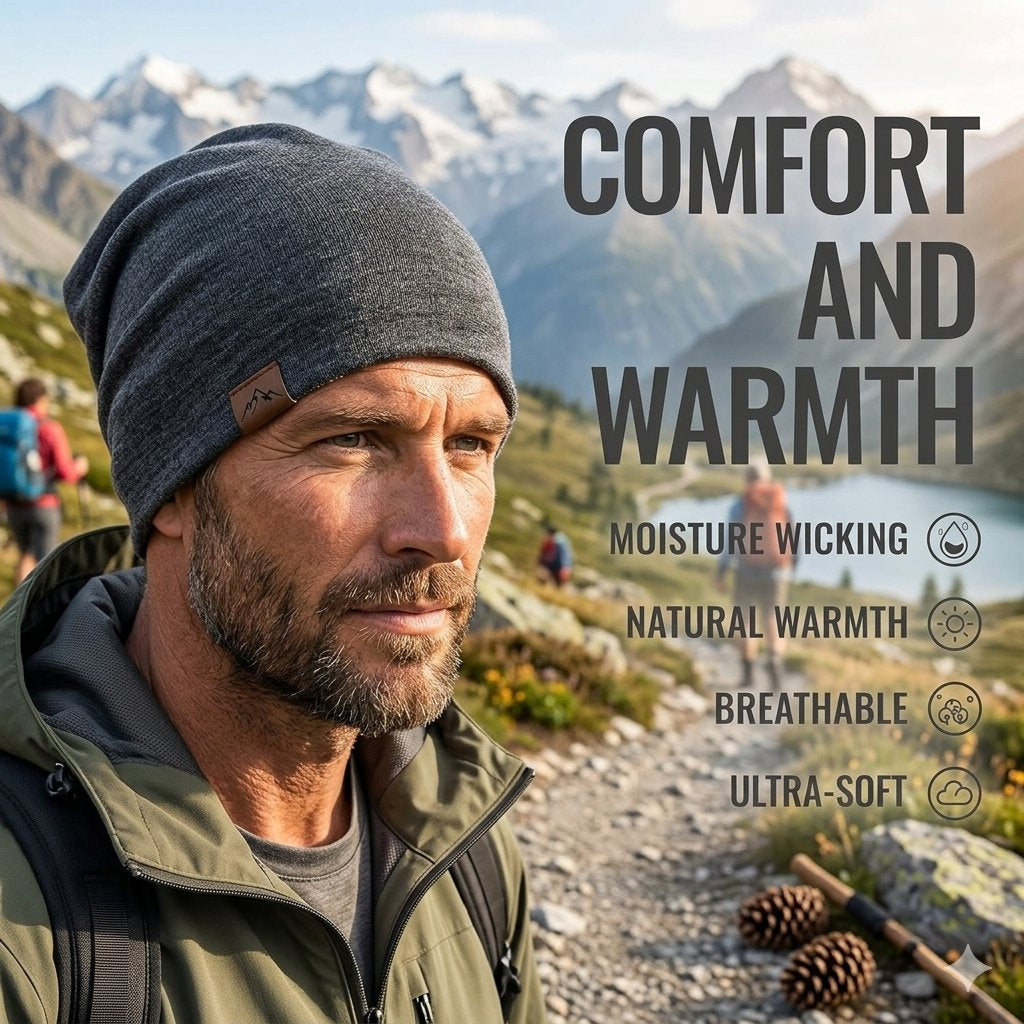 A man wearing a dark gray knit beanie and olive green hiking jacket stands on a mountain trail with snowy peaks in the background. Large text on the right reads 'COMFORT AND WARMTH' with feature callouts including 'MOISTURE WICKING', 'NATURAL WARMTH', 'BREATHABLE', and 'ULTRA-SOFT'.