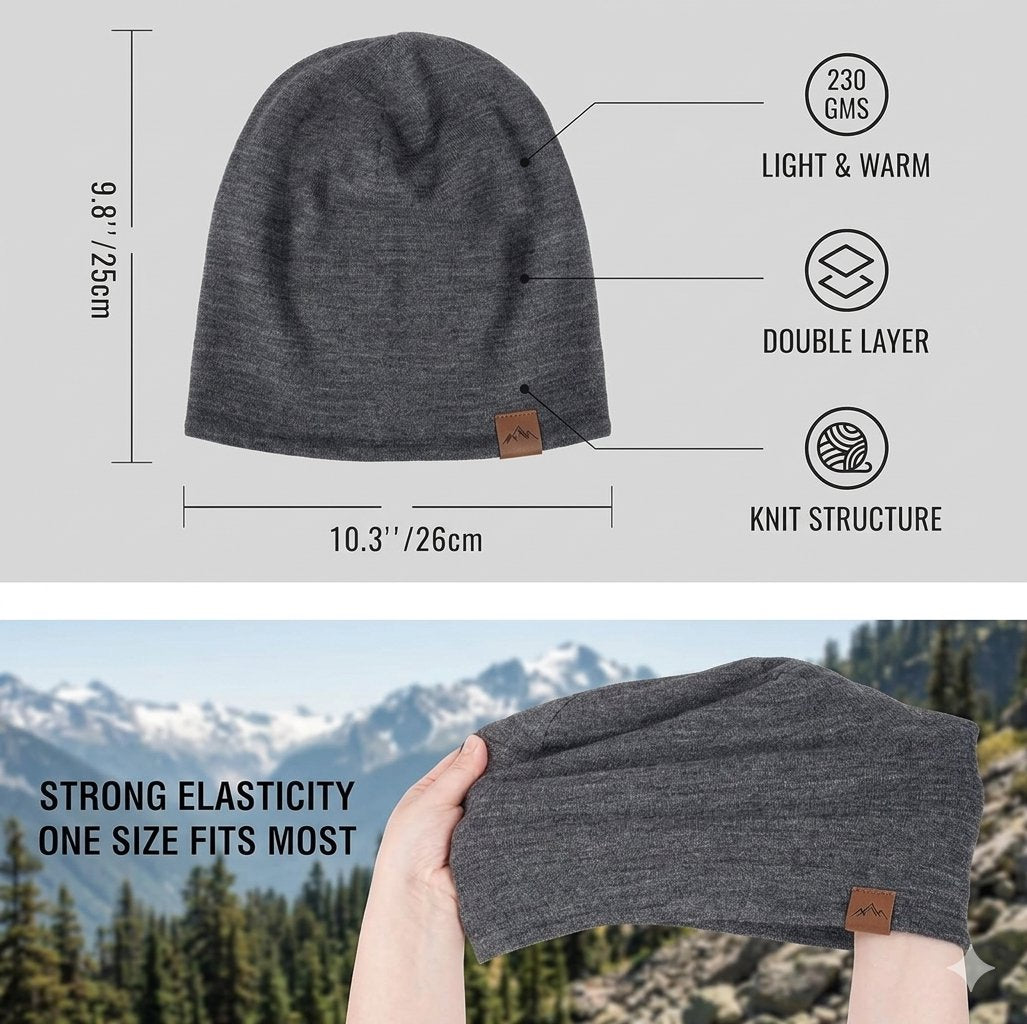 Dark gray knit beanie shown with dimension labels and feature callouts, plus a lower photo of hands holding the beanie outdoors in front of mountains and trees. The beanie has a small brown brand tab near the lower edge.