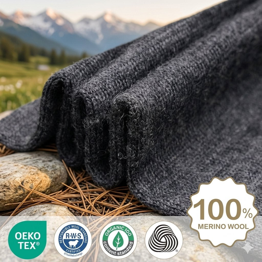 A dark charcoal gray merino wool blanket or throw is draped over rocks with pine needles, set against a blurred mountain landscape background. Four certification logos (Oeko Tex, R-WS, Organic Textile Standard, and a circular logo) and a '100% Merino Wool' badge are overlaid at the bottom.