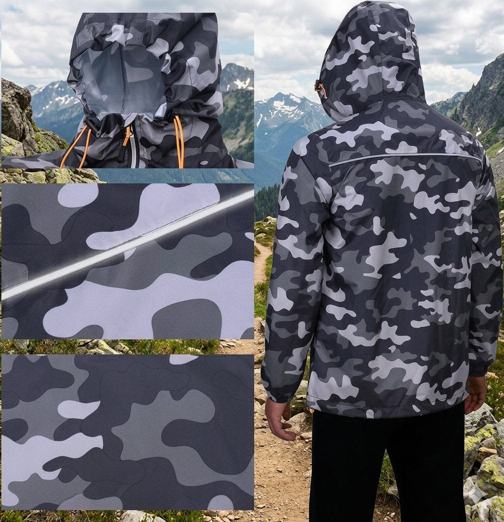 A hooded camouflage jacket shown in a collage: one full back view on a person outdoors, two close-up fabric detail panels, and a hood drawstring detail. The jacket has a dark gray, black, and light gray camouflage pattern with orange drawstrings visible in one inset.