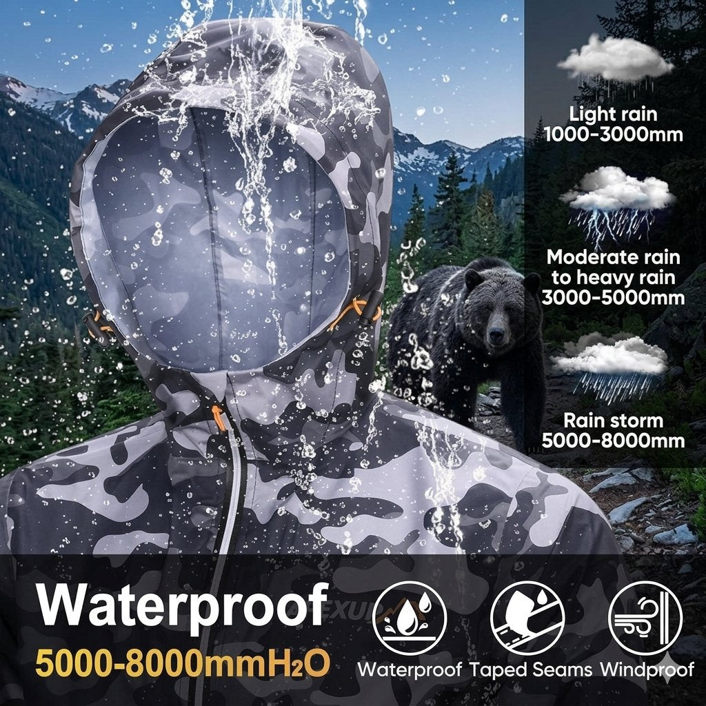 A person wearing a camouflage hooded rain jacket with water splashing off the hood, set against a mountain forest background. A bear stands behind the person.