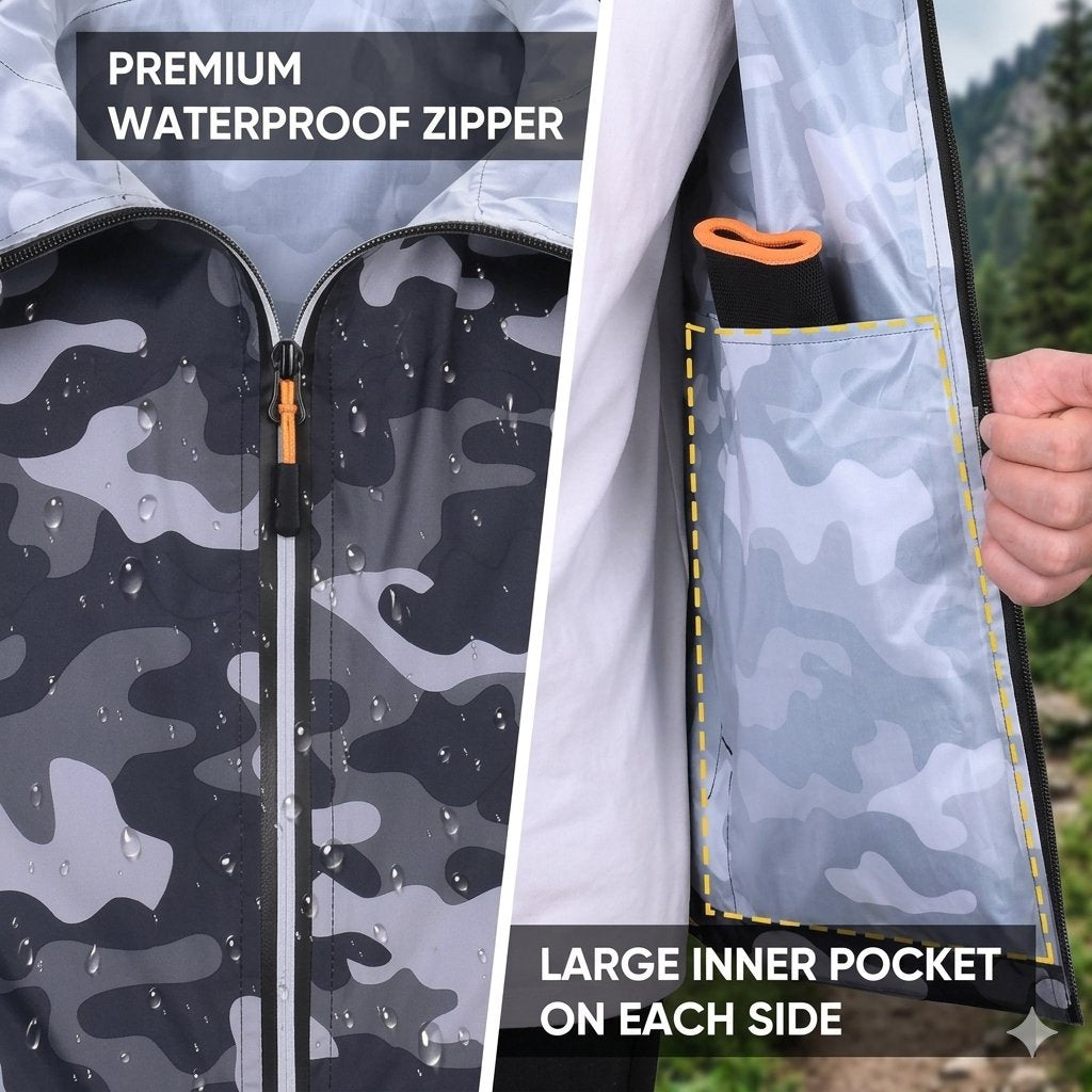 Close-up of a camouflage outer jacket with a premium waterproof zipper, alongside an inset showing a hand opening a large inner side pocket. Text overlays highlight the waterproof zipper and inner pocket feature.