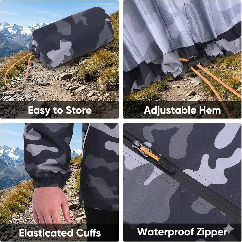 Four-panel product feature collage showing a gray and black camouflage rain jacket or waterproof outerwear. Panels include a mountain outdoor scene with the item folded for 'Easy to Store,' a close-up of the hem with drawcord adjustment for 'Adjustable Hem,' a hand wearing the elasticized cuff for 'Elasticized Cuffs,' and a close-up of the waterproof zipper for 'Waterproof Zipper.