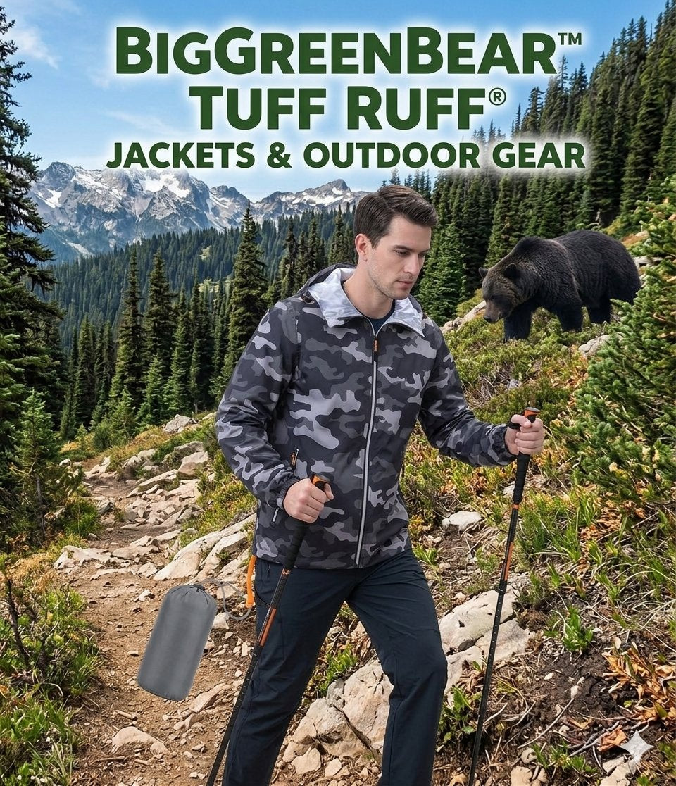 man hiking with black bear in the backround and iggreenbear.com written