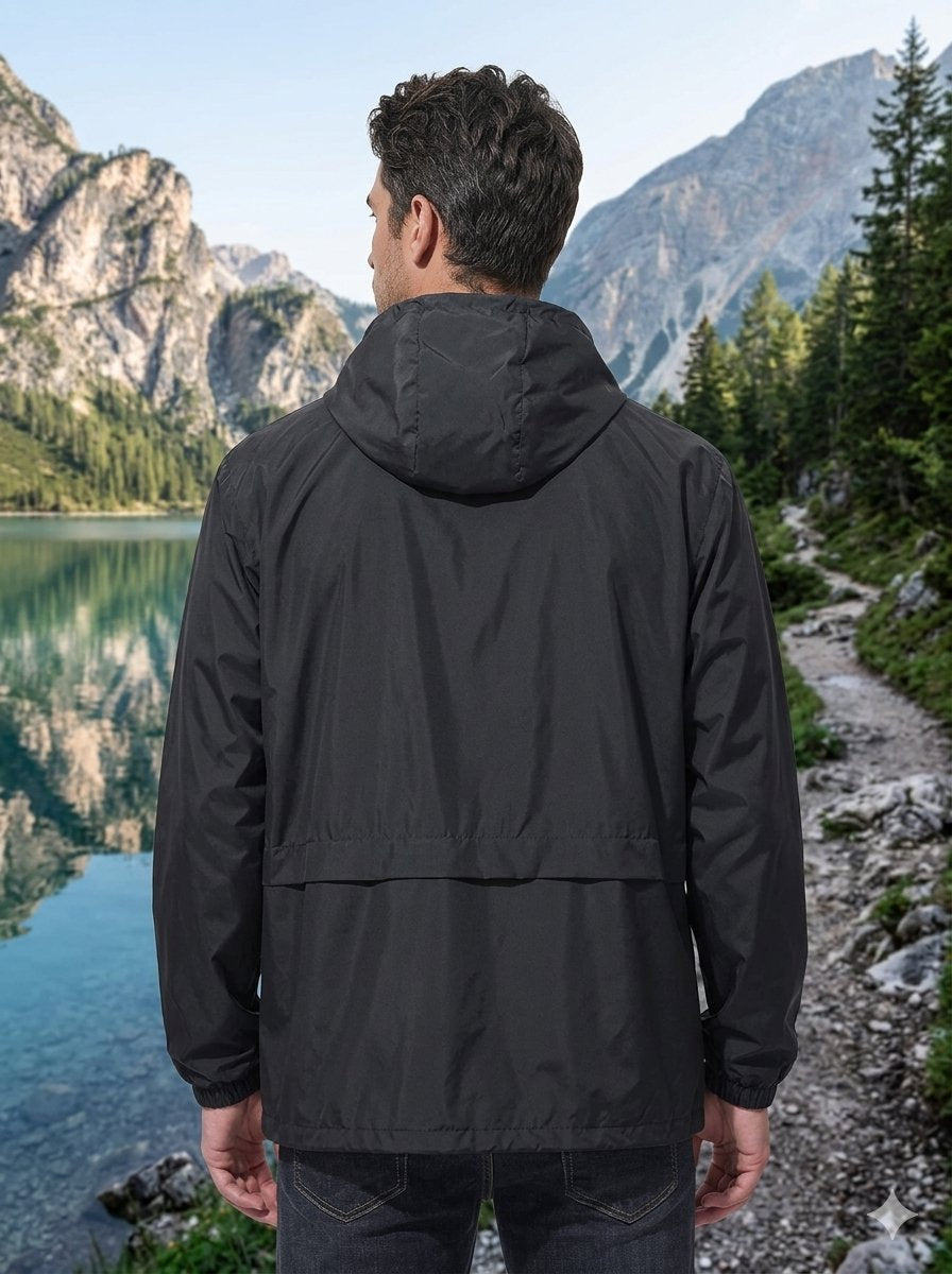 A man viewed from behind wearing a black hooded jacket, standing on a rocky path with a mountain lake and pine forest in the background.