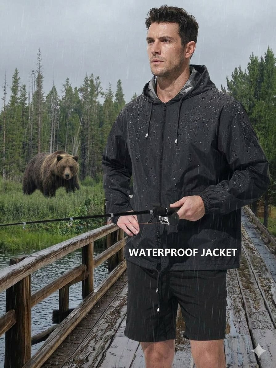 A man wearing a black waterproof hooded jacket and matching shorts stands on a wooden boardwalk in the rain, with a forest and a bear visible in the background. The text 'WATERPROOF JACKET' appears across the lower center.