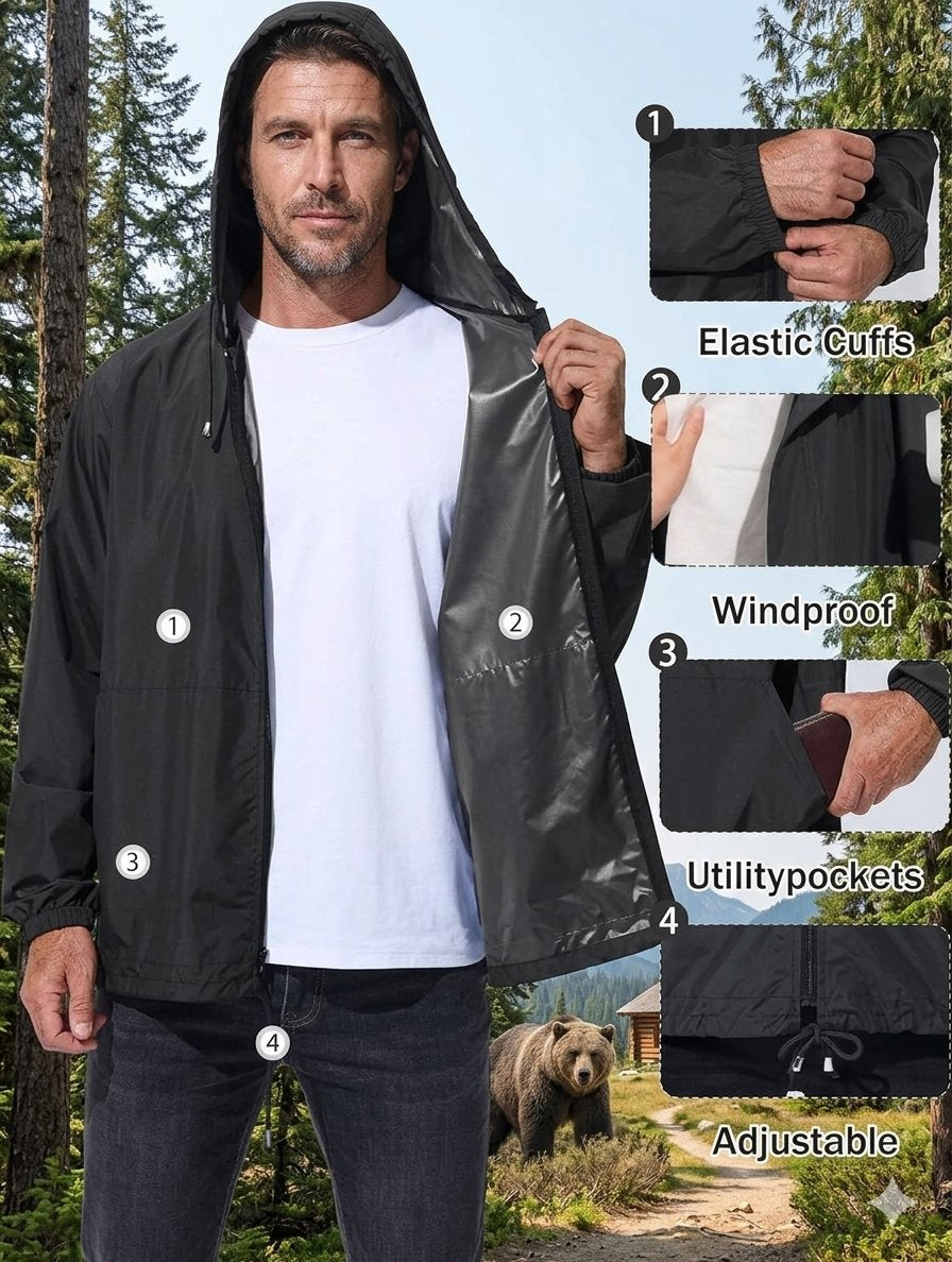 A man wearing a black hooded jacket outdoors, with callout labels pointing to features such as elastic cuffs, windproof fabric, utility pockets, and adjustable drawstrings. Small inset close-ups on the right show those details against a forest background.