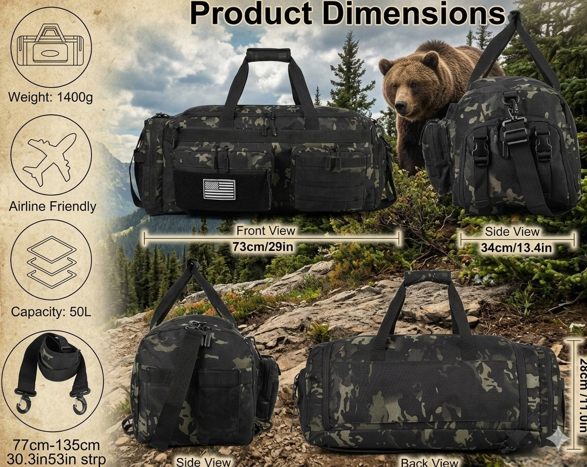 Product dimensions infographic for a black camouflage duffel bag, showing front, side, and back views with a bear in a mountain setting. Includes weight, airline friendliness, capacity, and strap measurements with icons on a beige textured background.