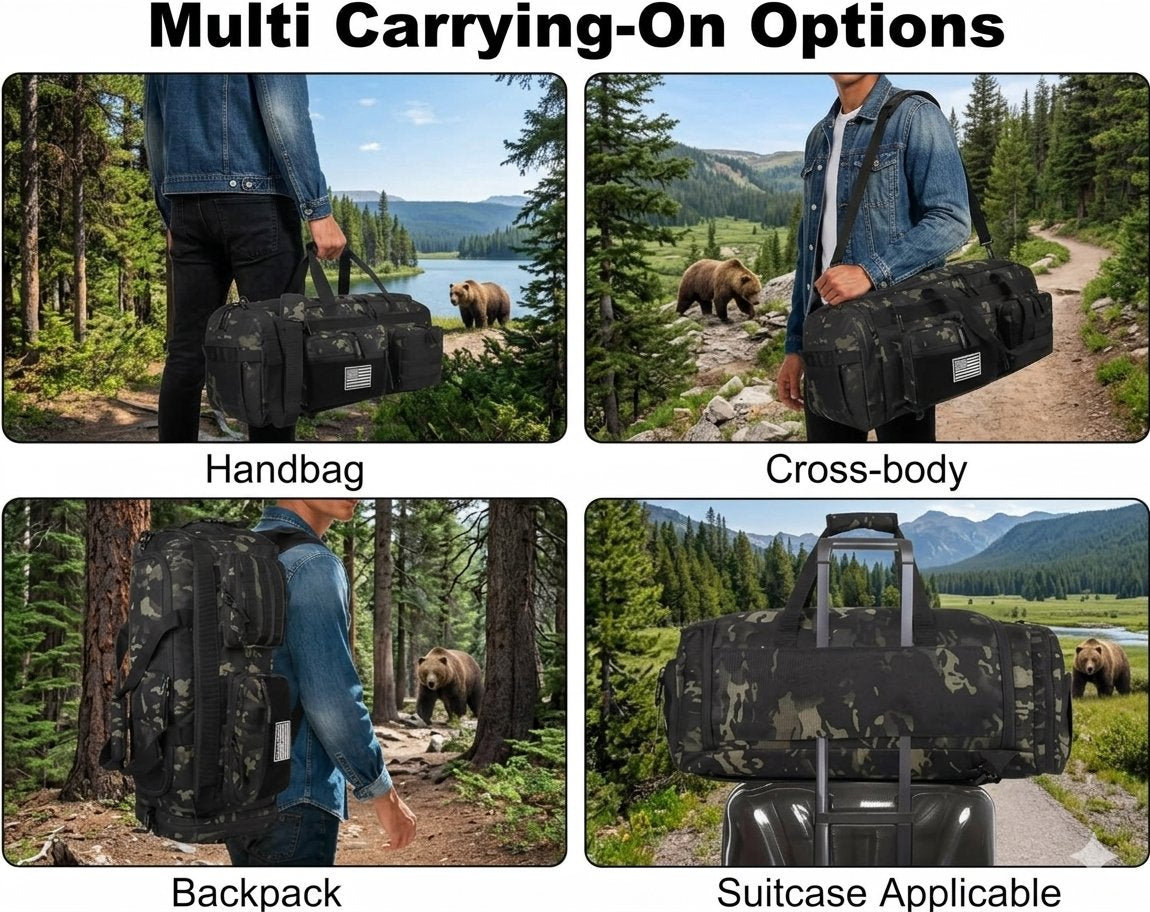 A 2x2 promotional collage titled 'Multi Carrying-On Options' showing the same black camouflage duffel bag in four use cases: handbag, cross-body, backpack, and suitcase. Each panel includes a person outdoors carrying the bag, with forest, lake, and mountain scenery in the background.