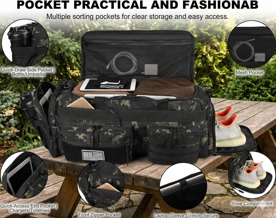 A black and camouflage utility backpack shown open on a wooden picnic table outdoors, with inset callout circles highlighting features such as side pockets, mesh pocket, quick-access pocket, laptop sleeve, and shoe compartment. Text at the top reads 'POCKET PRACTICAL AND FASHIONAB'.