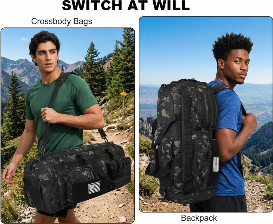 A promotional collage showing two outdoor photos of a man carrying the same black camouflage crossbody bag, labeled 'Crossbody Bags' on the left and 'Backpack' on the right, with the headline 'SWITCH AT WILL' at the top.
