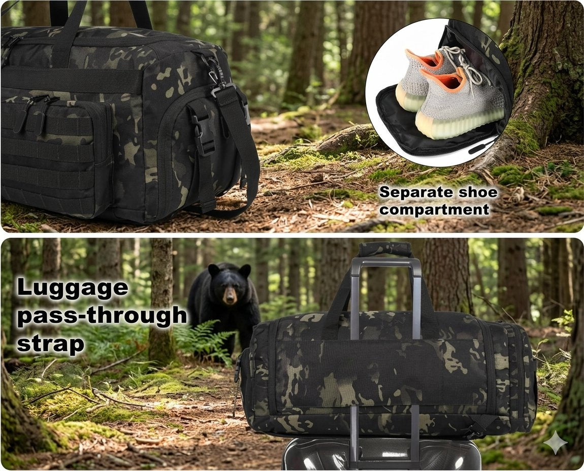 A black and gray camouflage duffel bag shown in a forest setting, with text highlighting features: 'Separate shoe compartment' with an inset of shoes inside, and 'Luggage pass-through strap' with the strap demonstrated on a suitcase. A bear is visible in the forest background.