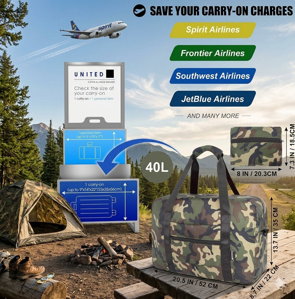 A camouflage carry-on luggage bag is shown in a camping outdoor scene with a tent, campfire, mountains, and an airplane graphic. The image includes text overlays listing airlines that fit in a 40L carry-on size and dimension callouts on both the bag and a separate luggage-size diagram.