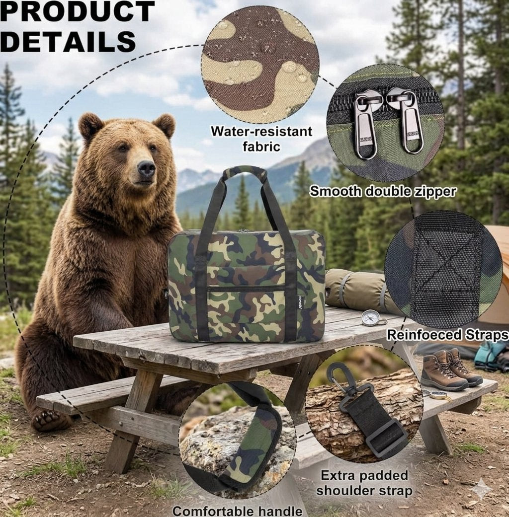 A camouflage tote bag sits on a wooden picnic table outdoors, with a large brown bear beside it. Callout circles highlight product features including water-resistant fabric, a smooth double zipper, reinforced straps, a comfortable shoulder strap, and an extra padded strap, with a forest background.
