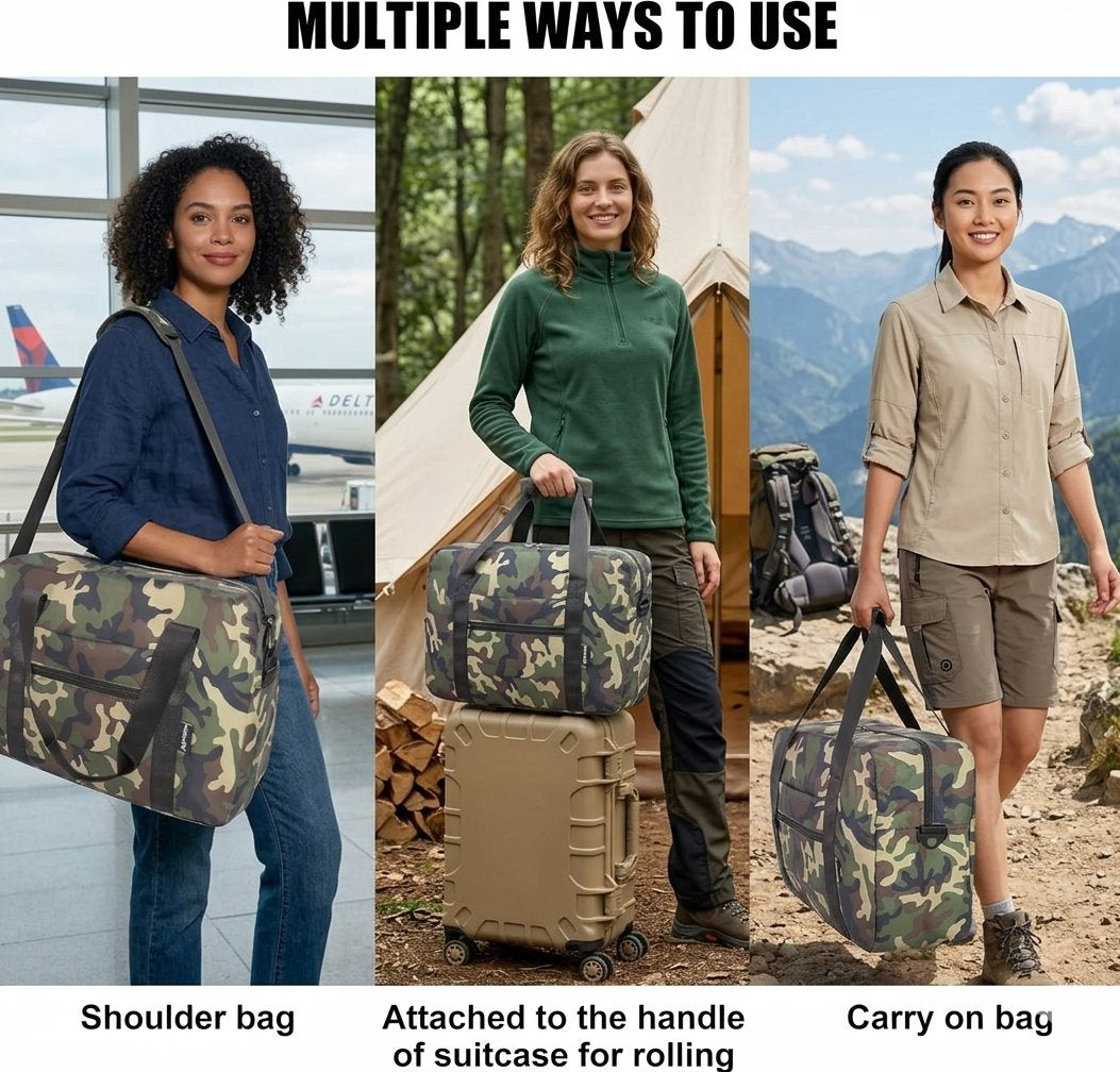 Three-panel lifestyle demonstration of a camouflage carry-on duffel bag with the headline 'MULTIPLE WAYS TO USE' at the top. Left panel shows the bag as a shoulder bag near an airport; center panel shows it attached to a suitcase handle for rolling in an outdoor camping setting; right panel shows it carried on the shoulder in a mountain setting.