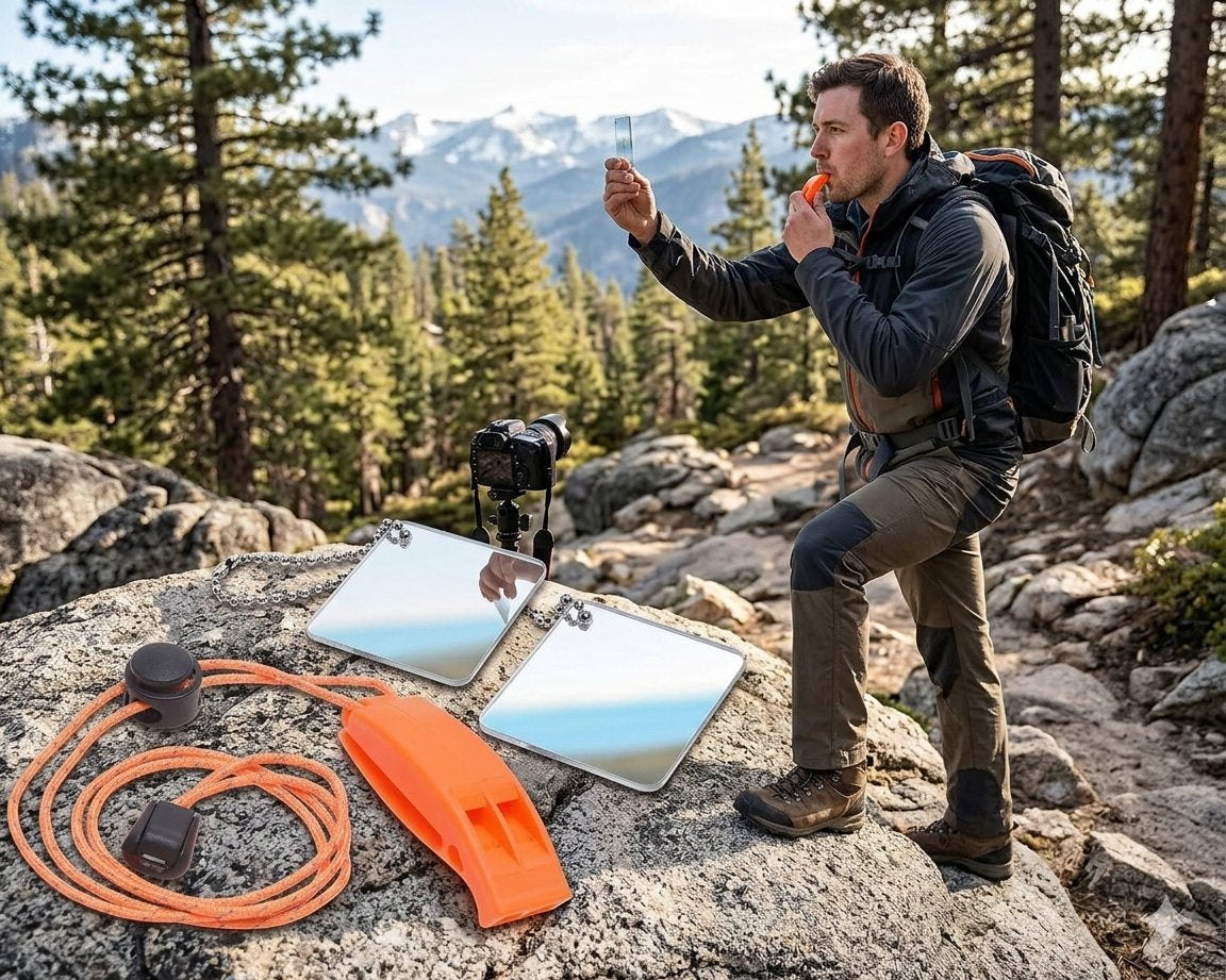 A man hiking in a mountain forest uses a portable solar power station with two mirrors and an orange cord. The solar panels are shown in an outdoor mountain environment, with the man demonstrating their use.