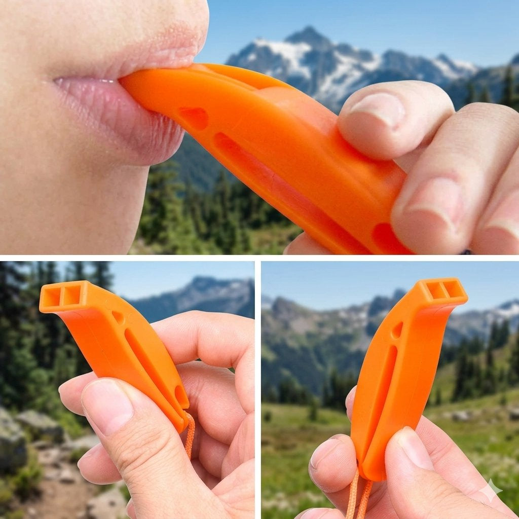 An orange silicone whistle shown in a three-panel collage: one close-up of a person blowing into it outdoors with mountains in the background, and two additional views of the whistle being held in hands against a mountain landscape.