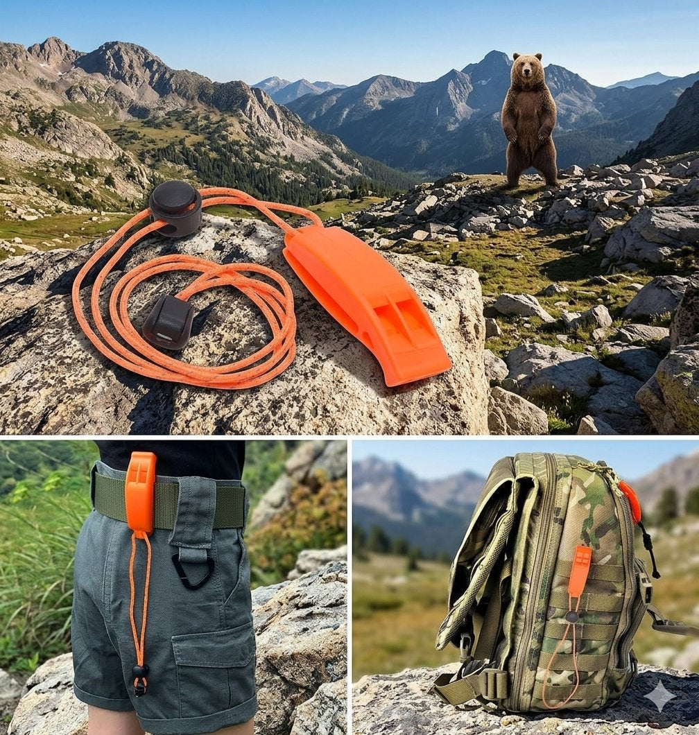 A collage showing an orange outdoor whistle and cord set in three outdoor mountain scenes, including one close-up of the whistle attached to a person's shorts and one view of a camouflage backpack with the orange whistle attached.
