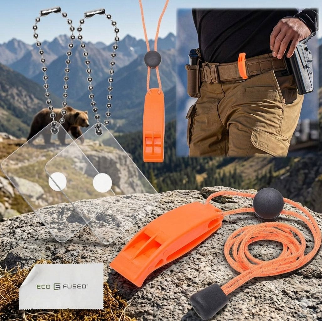 An outdoor safety whistle set displayed on a rock with mountains in the background, including an orange whistle, orange lanyard with black ball chain, clear protective shield, a white Eco Fused cleaning cloth, and a lifestyle inset showing the whistle clipped to a belt.
