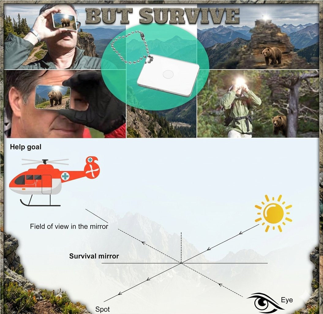 A collage-style product graphic for a survival mirror. The top section shows several outdoor photos of people using a mirror to spot wildlife, with the headline 'BUT SURVIVE' and a central inset of the white rectangular mirror on a teal circular background.