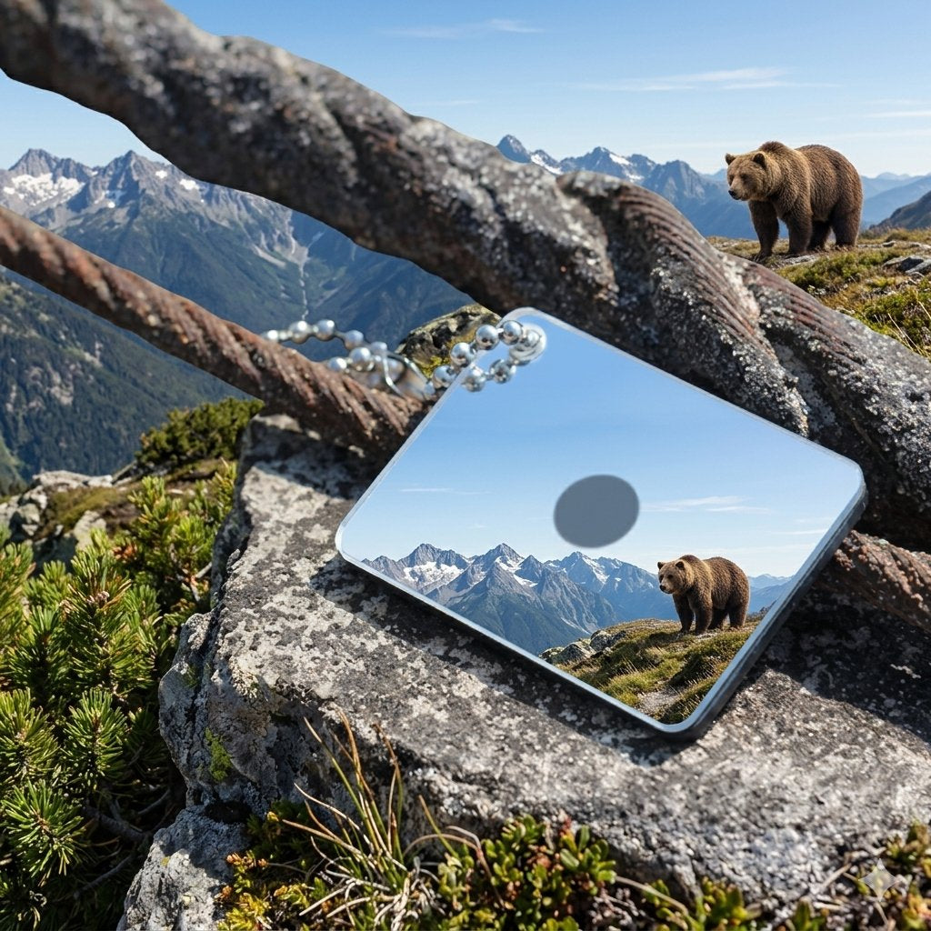 A square mirror with rounded corners and a silver keyring, lying on a rocky mountain ledge. The mirror reflects a brown bear standing on a mountain ridge under a blue sky, matching the real environment around it.