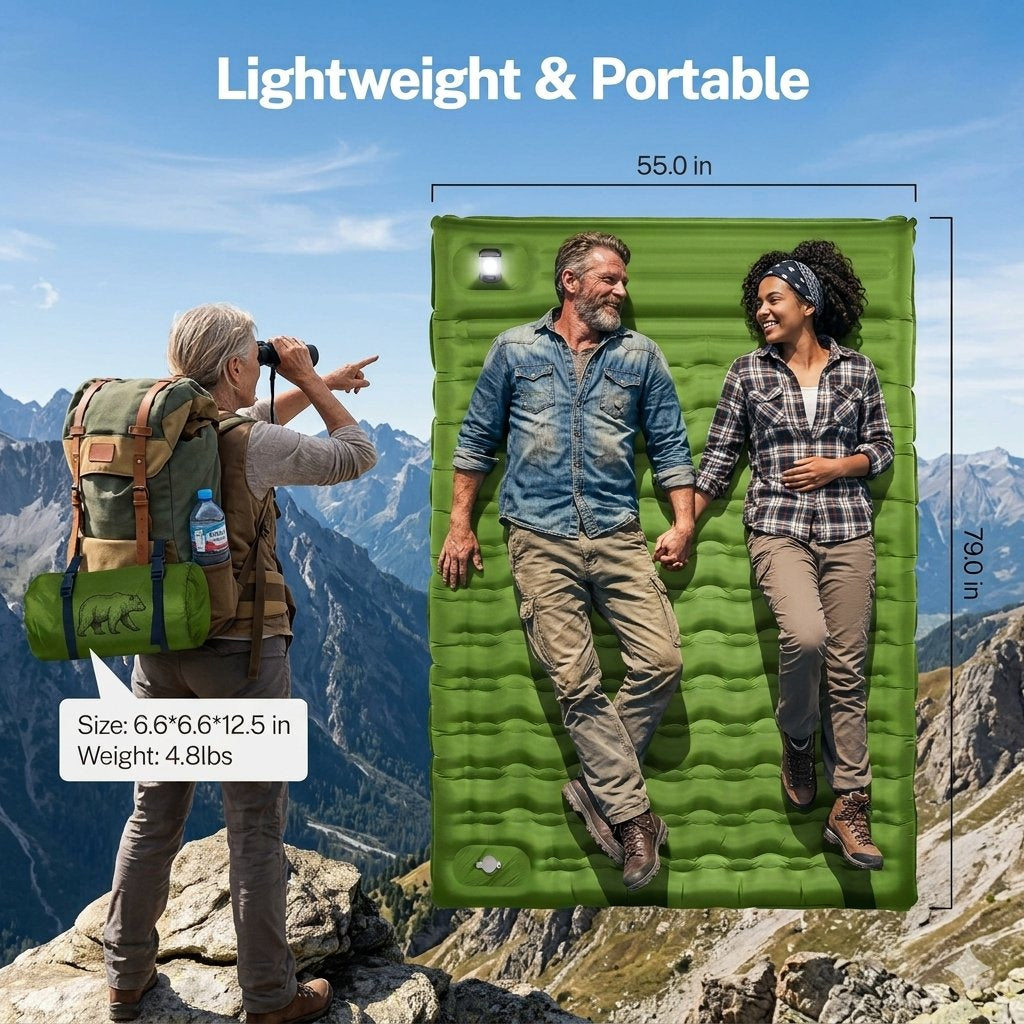 Product infographic displaying a green 2-person sleeping pad being used by a couple on a mountain overlook next to a hiker holding a backpack, showing dimensions of 79 by 55 inches and packed weight of 4.8 pounds.