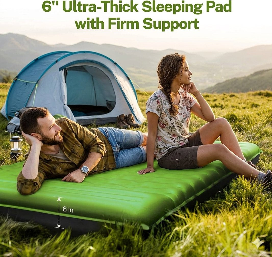 • Product infographic highlighting a 6-inch ultra-thick camping sleeping pad with firm support, featuring a couple lounging on the green mattress next to a tent in a grassy mountain field.
