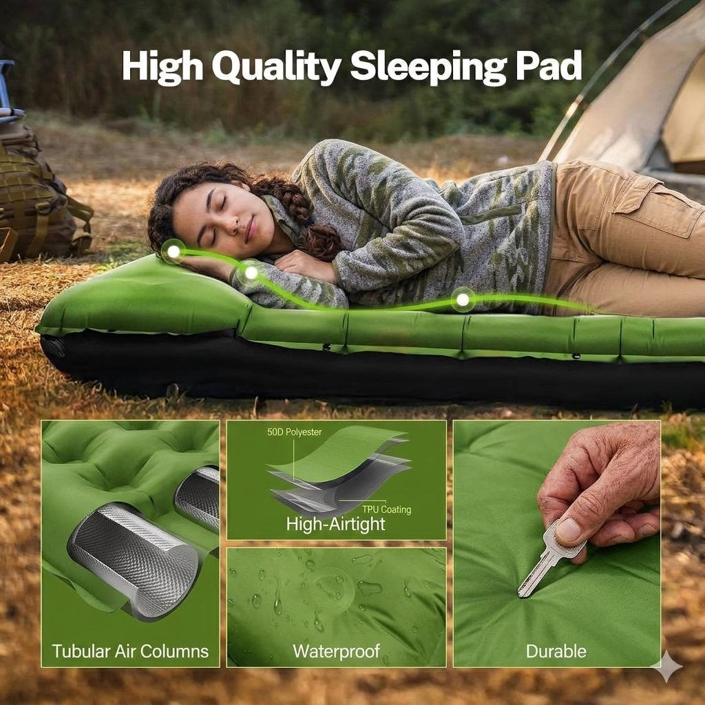 Infographic displaying a high-quality green sleeping pad with a 3D material layer diagram showing 50D polyester and TPU coating, a waterproof water droplet test, a puncture durability test, and comfortable tubular air columns.