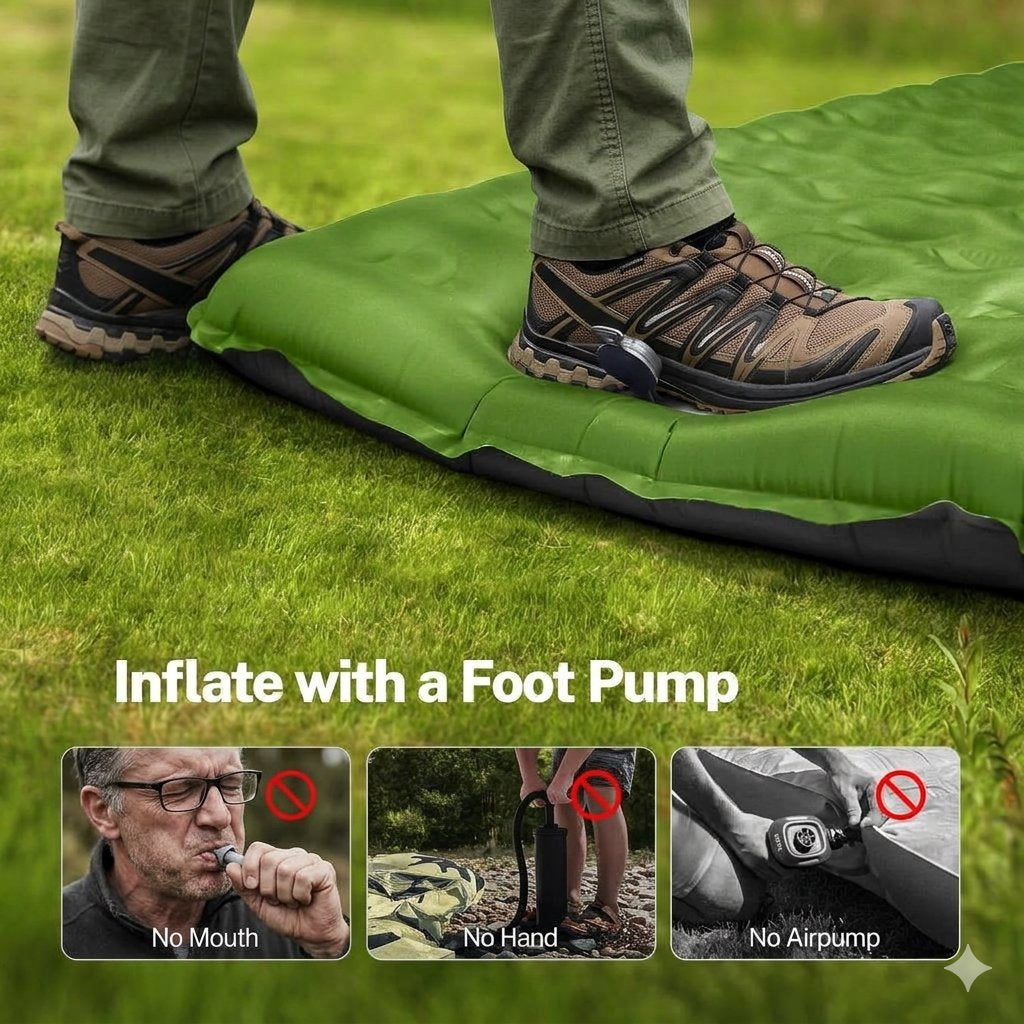 Multi-panel infographic showing a camper inflating a green sleeping pad using a built-in foot pump, paired with cross-out graphics demonstrating no mouth, hand, or external air pump is needed.