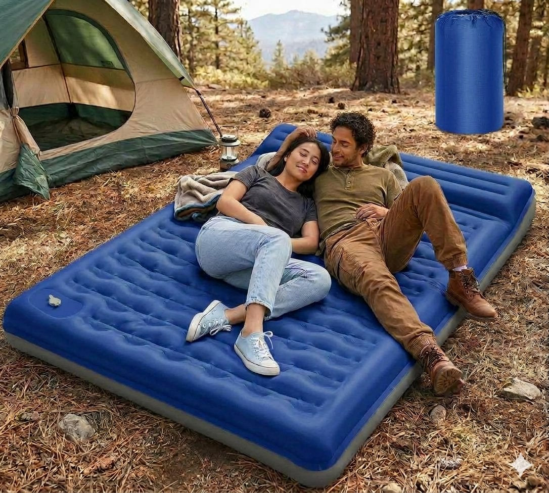 Young couple relaxing on a blue double camping sleeping pad inside a tent at an outdoor forest campsite with a matching blue storage bag nearby.