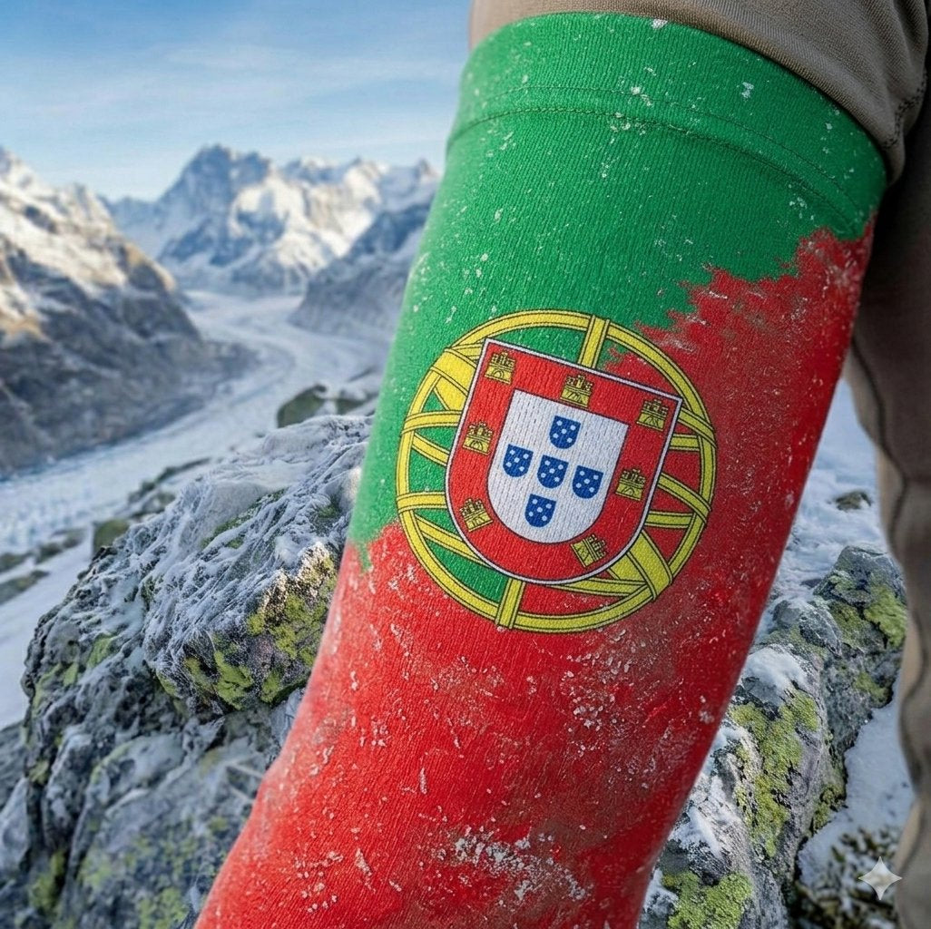 A close-up of a leg sleeve featuring the Portugal flag design with the national coat of arms, shown worn on a person's leg in a snowy mountain landscape.