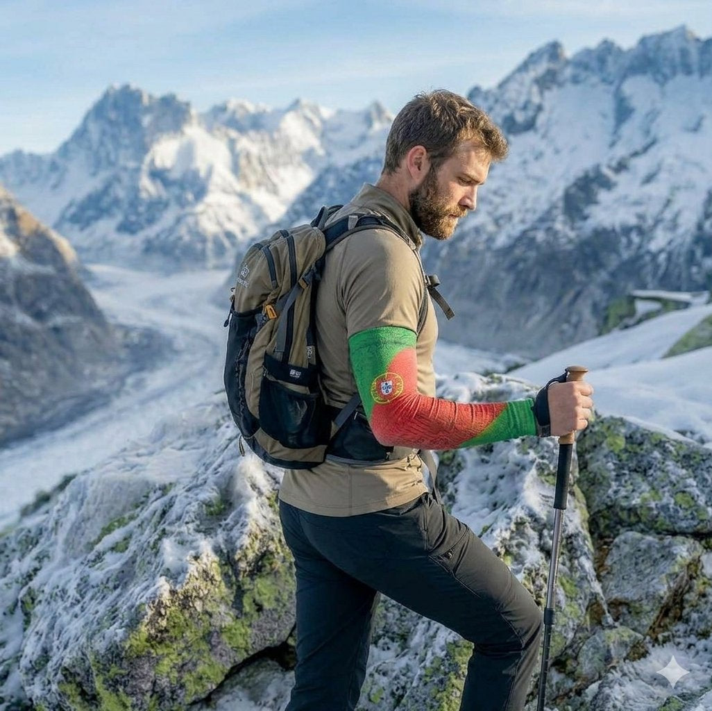 A male hiker wearing a beige long-sleeve shirt, dark gray pants, and a gray backpack stands on a snowy mountain ridge. He is wearing a red and green arm sleeve with a Portuguese flag emblem, holding a black trekking pole.