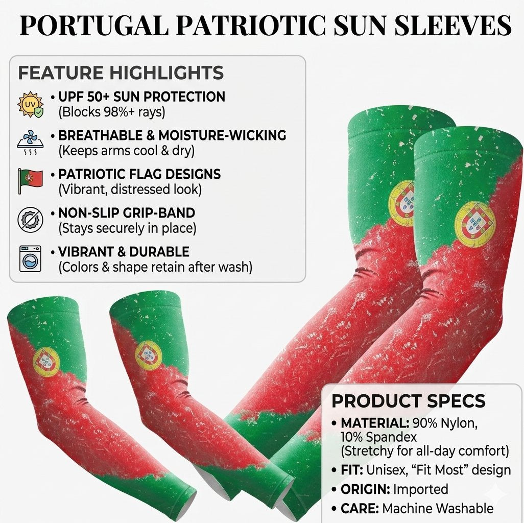 E-commerce infographic for Portugal Patriotic Sun Sleeves showcasing core product features and specifications over a bright, clean background. 
