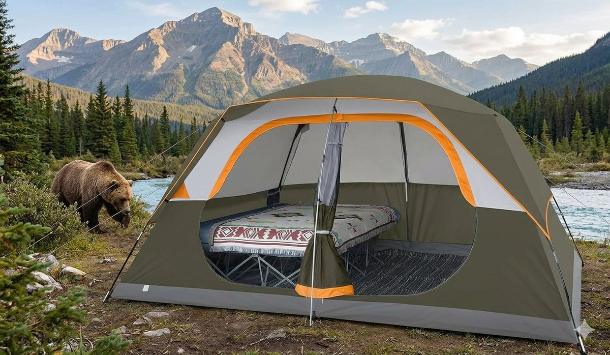 A dome-style camping tent with a large front mesh door is pitched beside a river in a mountain forest. A brown bear is visible on the left, and the tent interior with a mattress is shown through the open door. big green bear biggreenbear.com