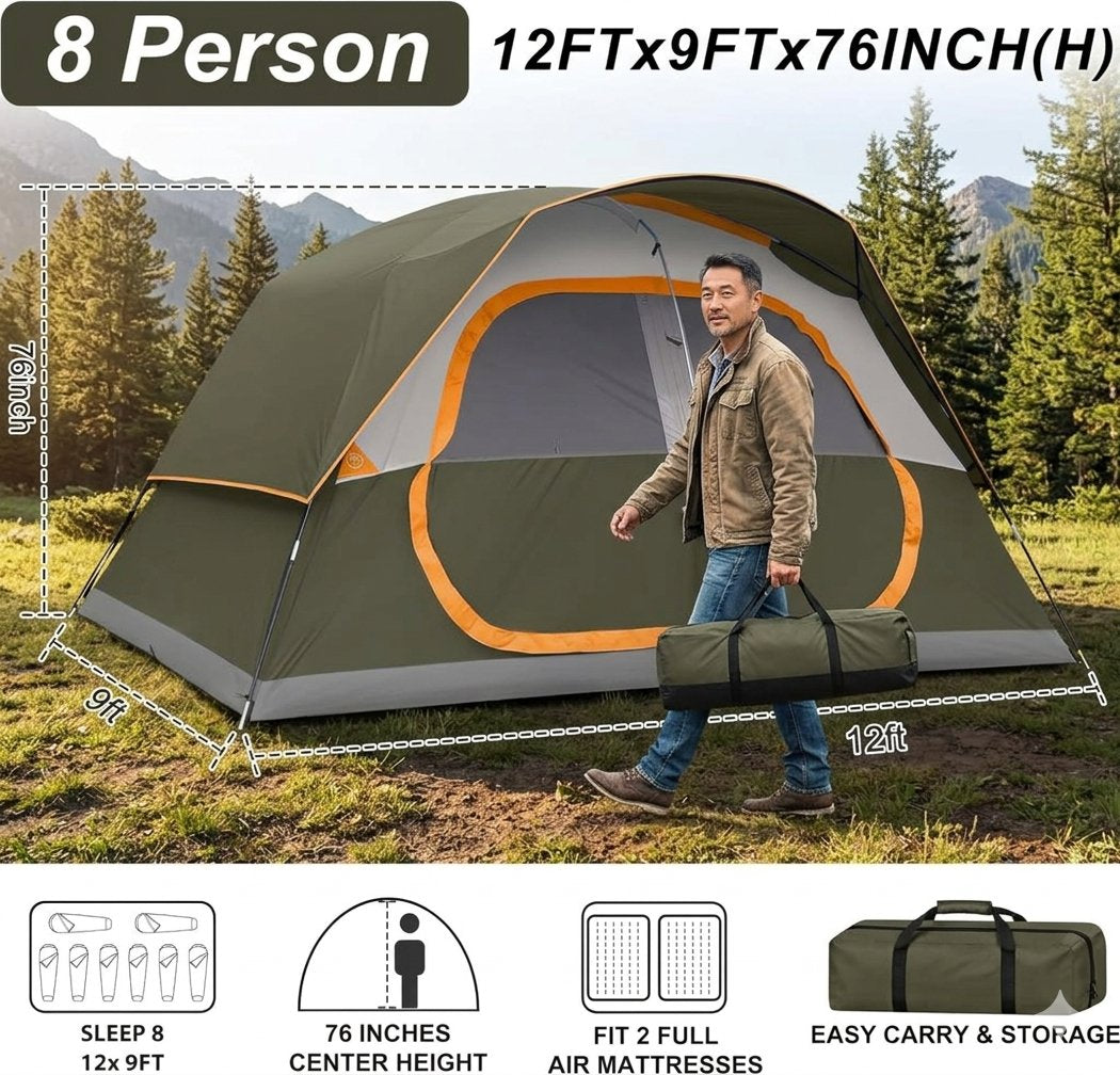 An 8-person camping tent in olive green and gray with orange trim, shown pitched outdoors in a mountain forest setting. A man walks in front of the tent carrying the tent bag.