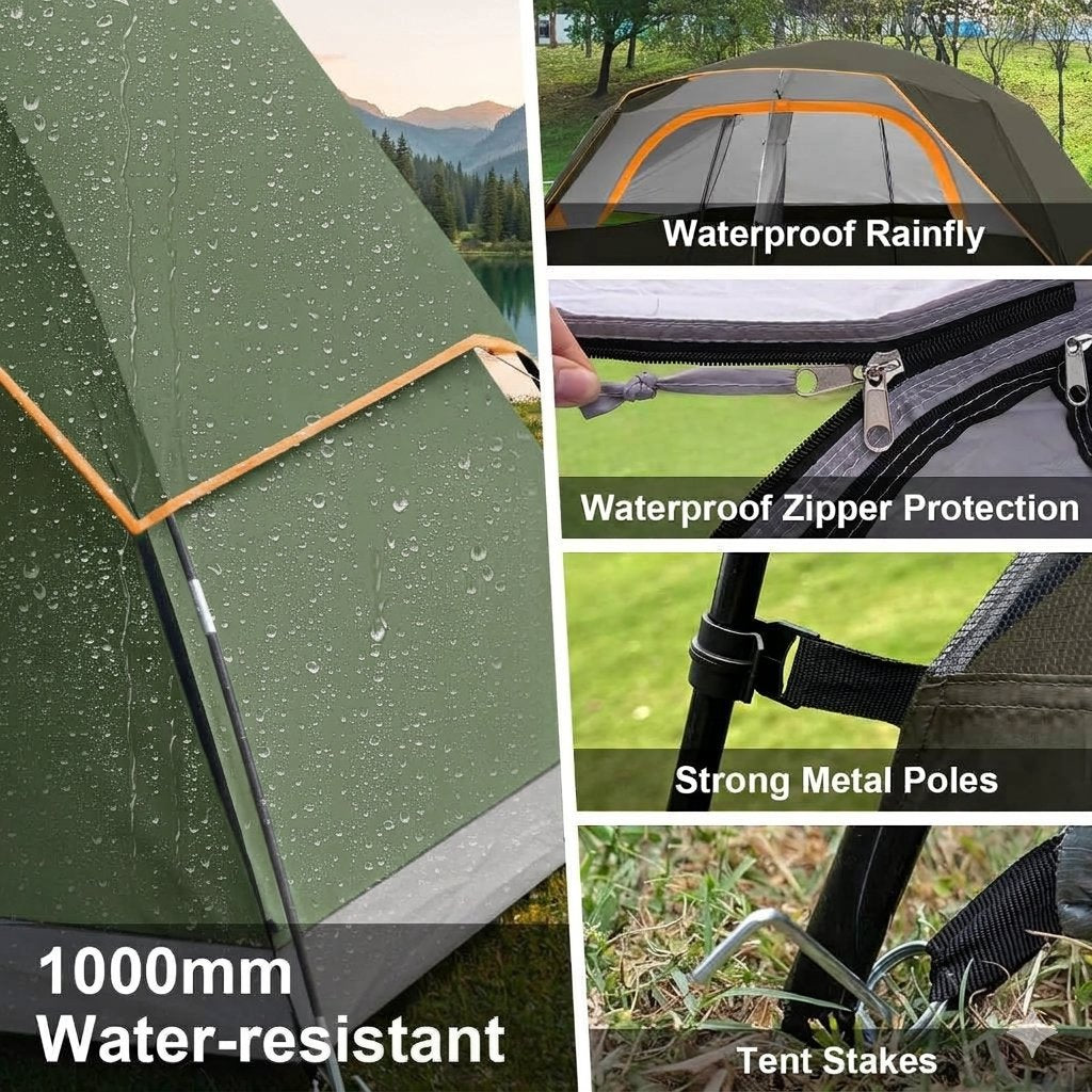 A collage showing a green waterproof tent with water droplets, plus four inset feature callouts: waterproof rainfly, waterproof zipper protection, strong metal poles, and tent stakes. Text overlays describe the product features.