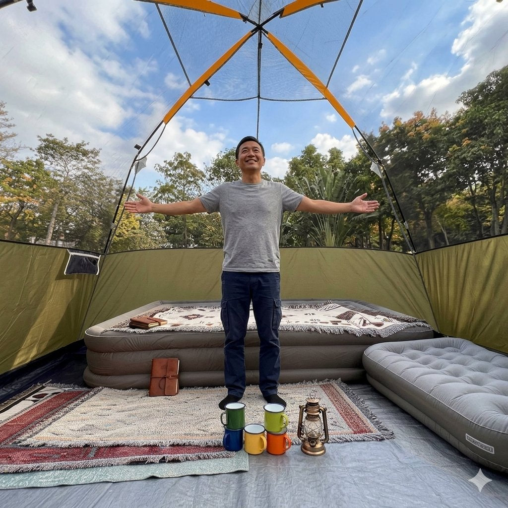 A man stands inside a large pop-up camping tent with his arms outstretched, showcasing an outdoor setup with inflatable sleeping mats, rugs, mugs, and trees in the background.